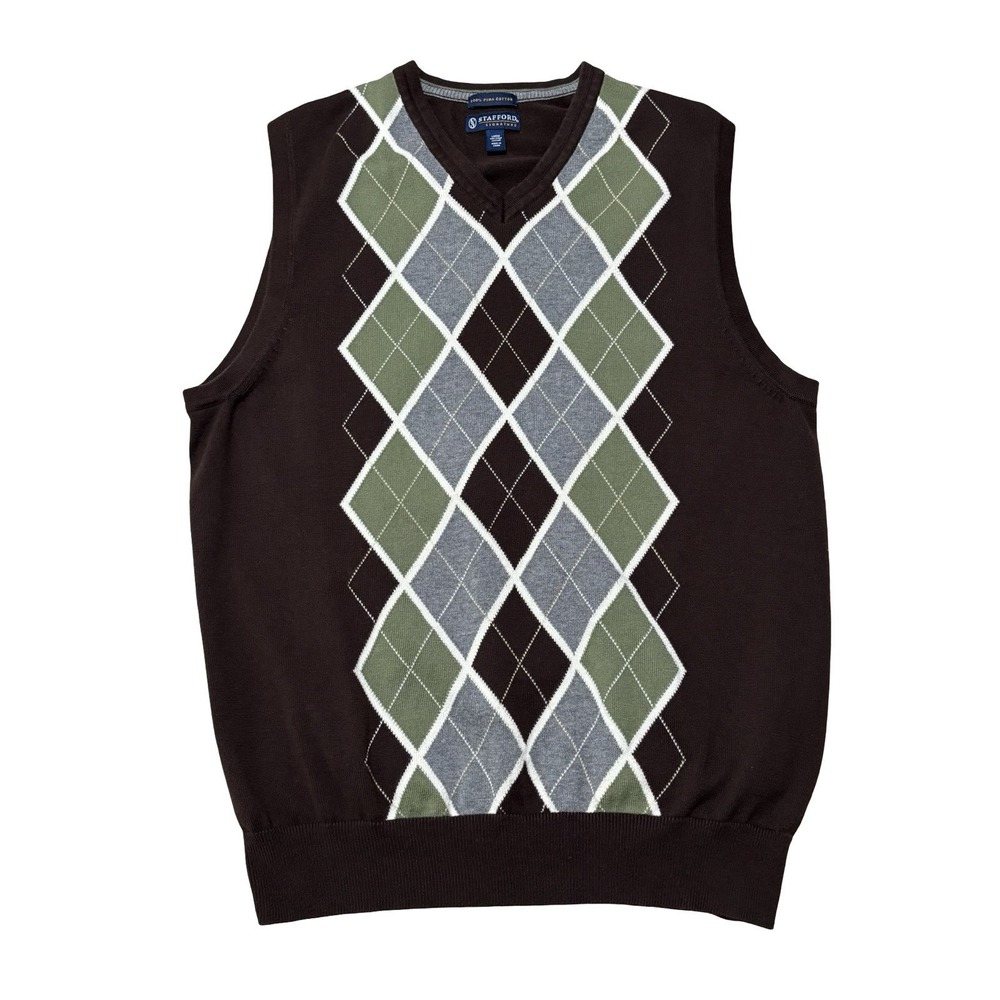 Stafford Signature Men's Pima Cotton Argyle Print Sweater Vest Size LG 21 x 27.5